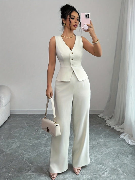 Conjunto elegante de chaleco sin mangas y pantalones de mujer, ropa de oficina de verano