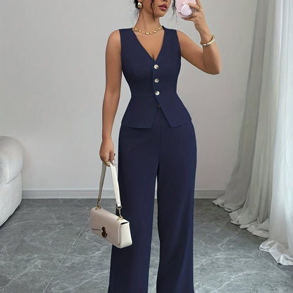 Conjunto elegante de chaleco sin mangas y pantalones de mujer, ropa de oficina de verano