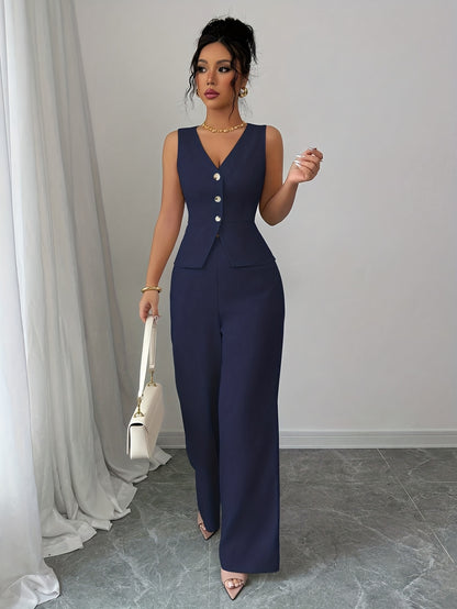 Conjunto elegante de chaleco sin mangas y pantalones de mujer, ropa de oficina de verano