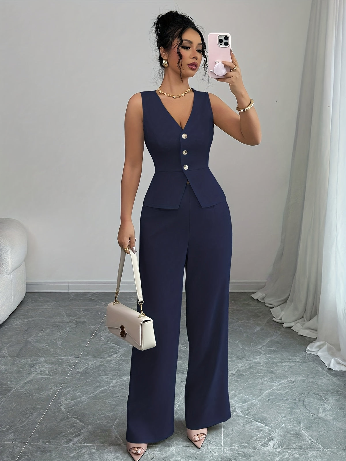 Conjunto elegante de chaleco sin mangas y pantalones de mujer, ropa de oficina de verano