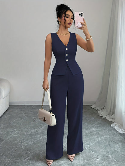 Conjunto elegante de chaleco sin mangas y pantalones de mujer, ropa de oficina de verano