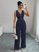 Conjunto elegante de chaleco sin mangas y pantalones de mujer, ropa de oficina de verano