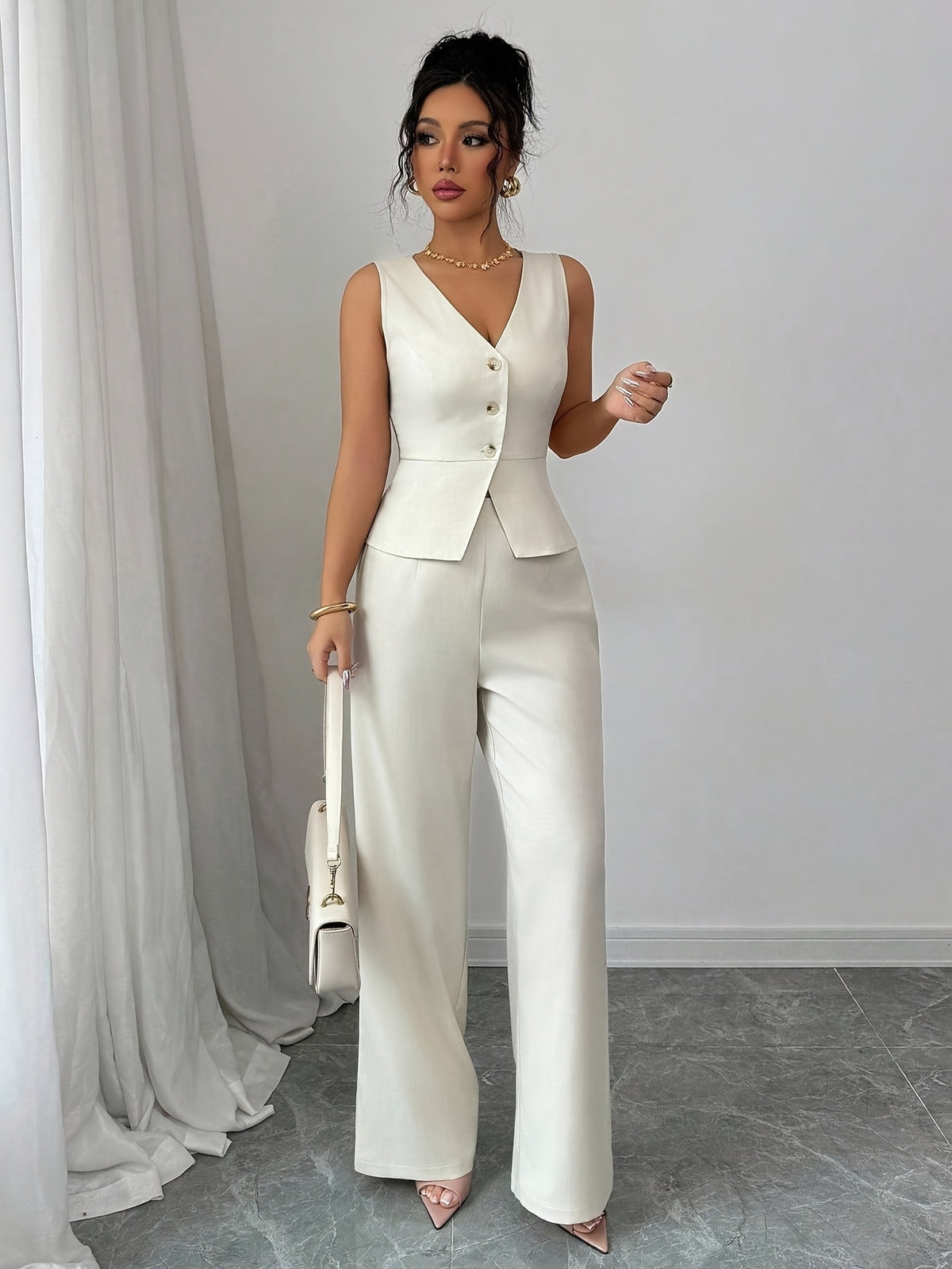 Conjunto elegante de chaleco sin mangas y pantalones de mujer, ropa de oficina de verano