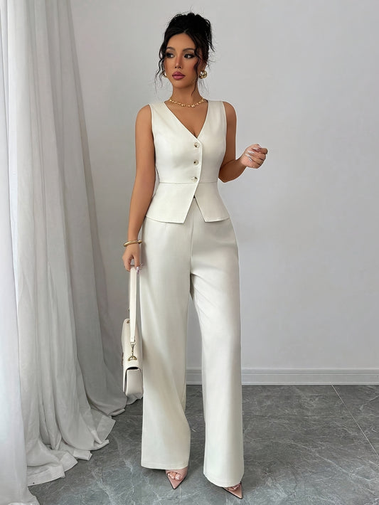 Conjunto elegante de chaleco sin mangas y pantalones de mujer, ropa de oficina de verano