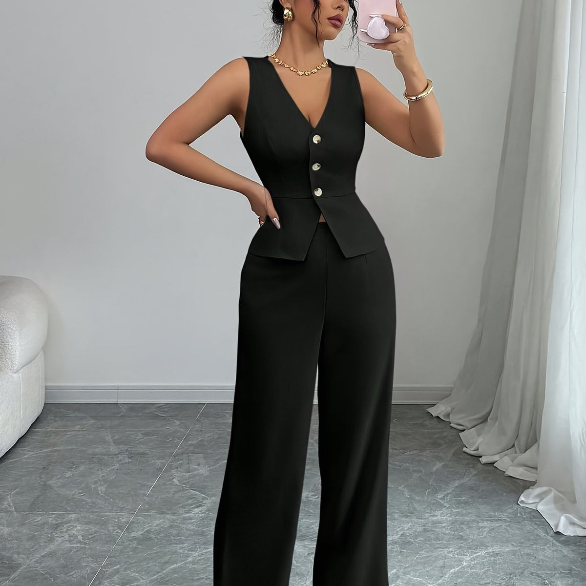 Conjunto elegante de chaleco sin mangas y pantalones de mujer, ropa de oficina de verano
