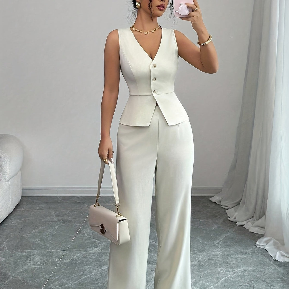Conjunto elegante de chaleco sin mangas y pantalones de mujer, ropa de oficina de verano