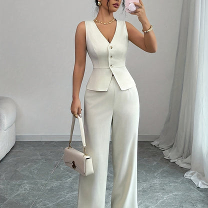 Conjunto elegante de chaleco sin mangas y pantalones de mujer, ropa de oficina de verano