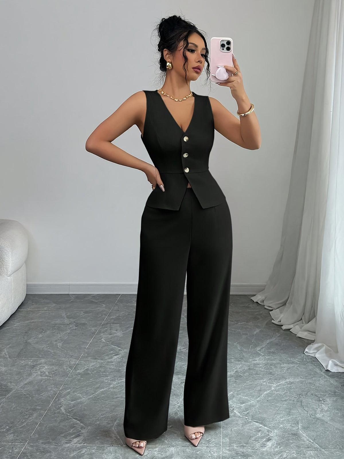 Conjunto elegante de chaleco sin mangas y pantalones de mujer, ropa de oficina de verano