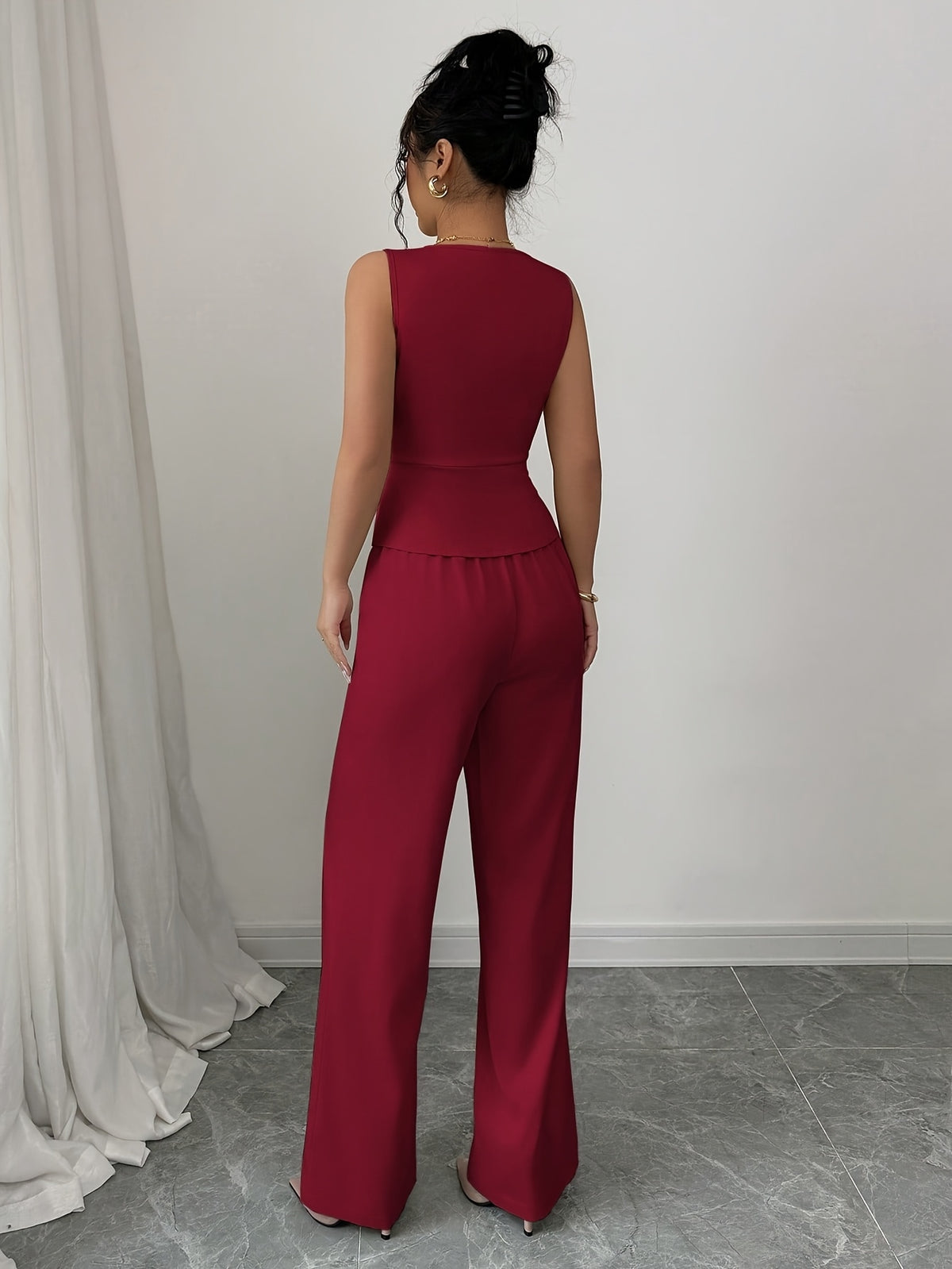 Conjunto elegante de chaleco sin mangas y pantalones de mujer, ropa de oficina de verano