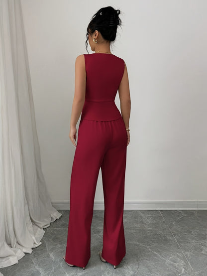 Conjunto elegante de chaleco sin mangas y pantalones de mujer, ropa de oficina de verano