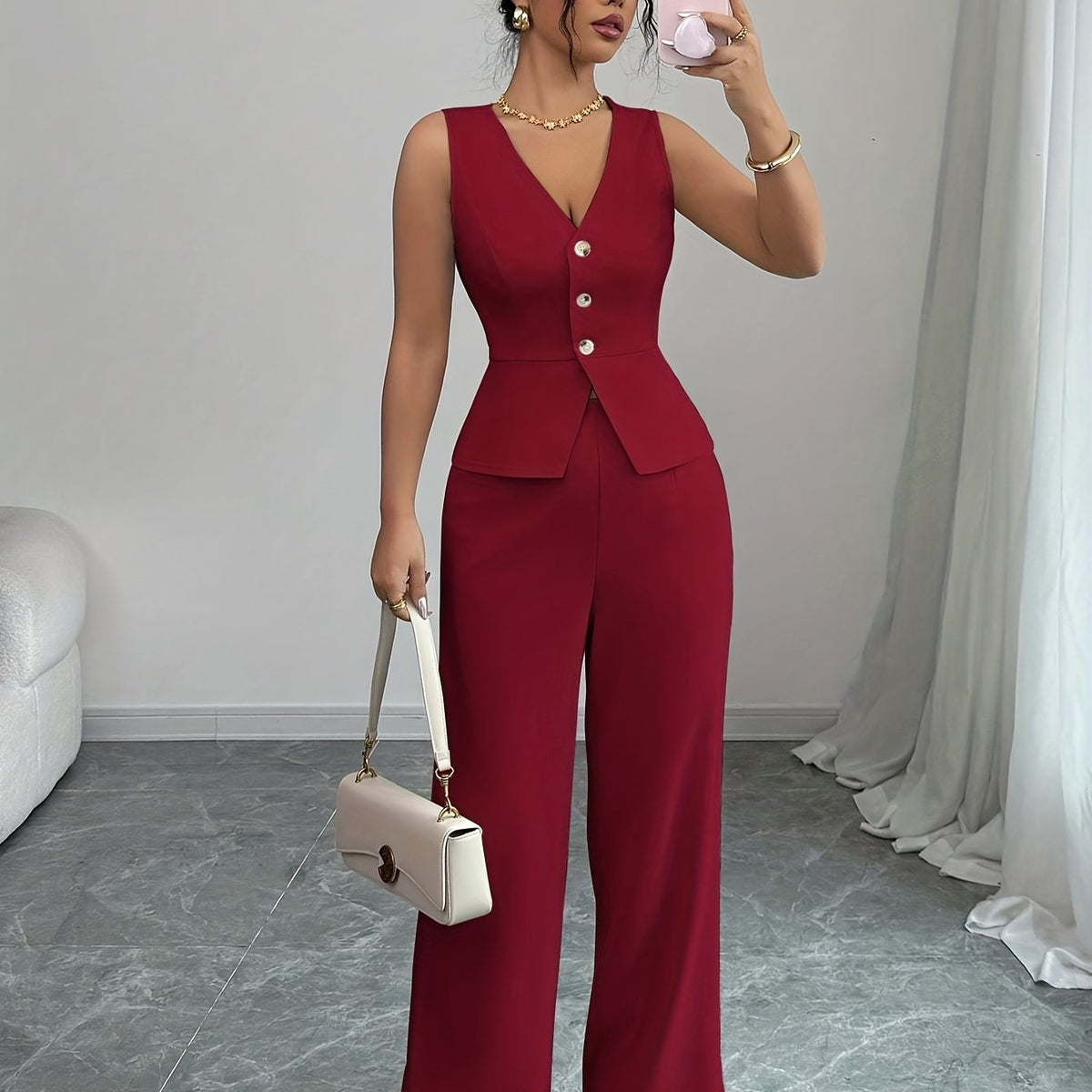 Conjunto elegante de chaleco sin mangas y pantalones de mujer, ropa de oficina de verano