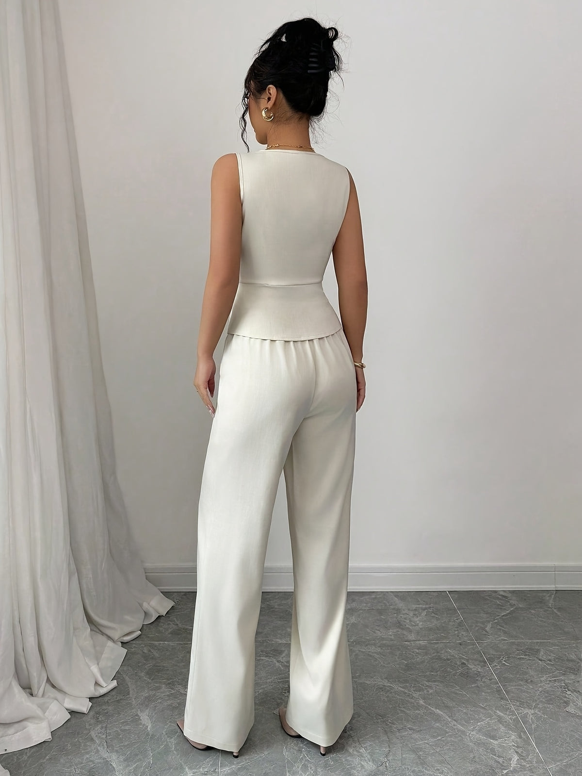 Conjunto elegante de chaleco sin mangas y pantalones de mujer, ropa de oficina de verano