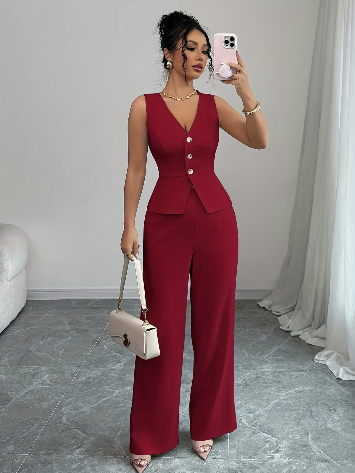 Conjunto elegante de chaleco sin mangas y pantalones de mujer, ropa de oficina de verano